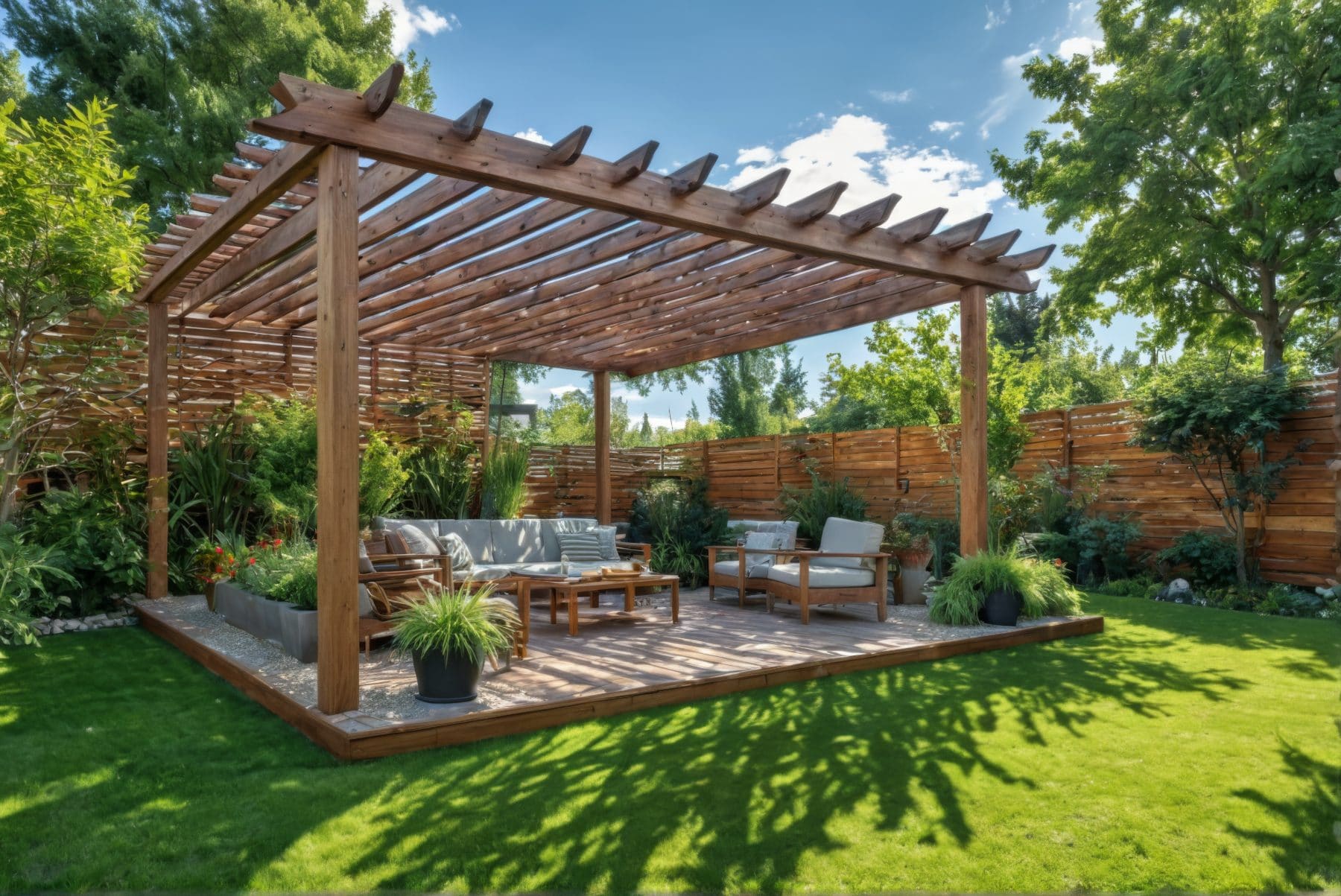 Wooden pergola with seating area in manicured backyard garden