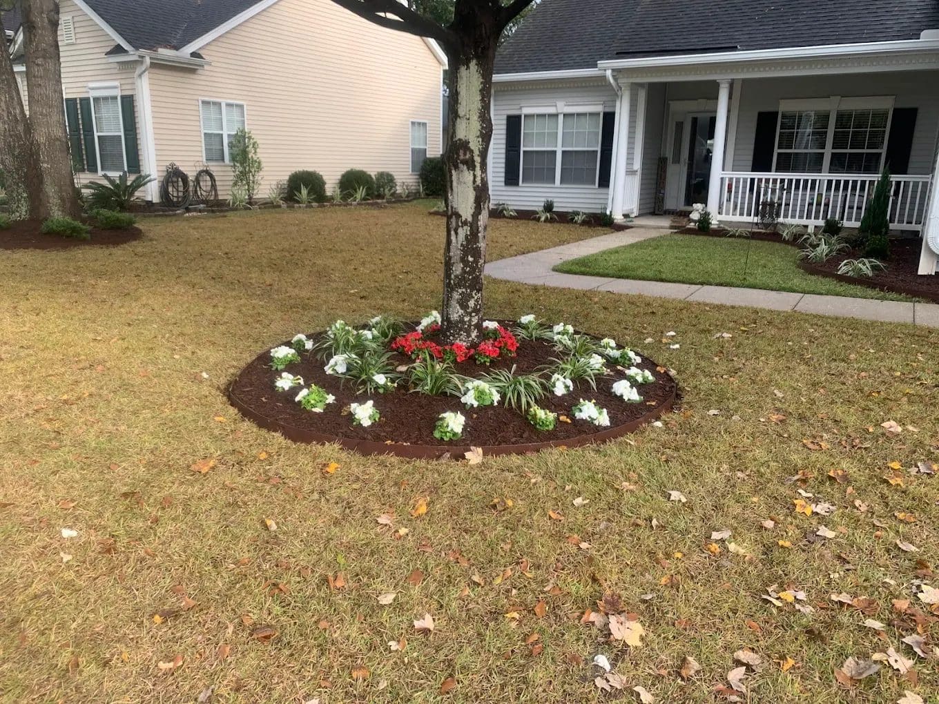 Landscaped tree bed with red and white flowers in front of suburban homes